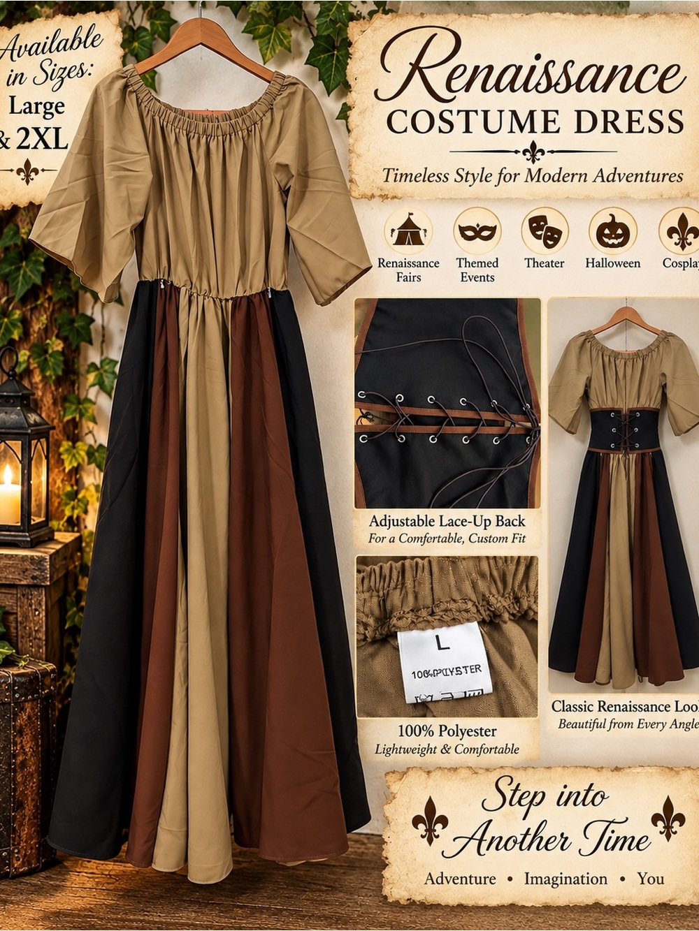 Brand New Renaissance Costume Dress with Lace-Up Corset